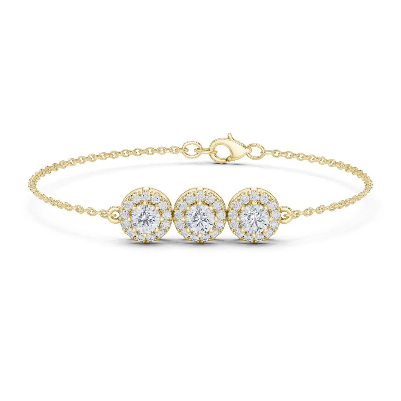 Front View: Round Diamond Bracelet with Halo Setting in 14k Yellow Gold - Lab Grown - Driona Jewels