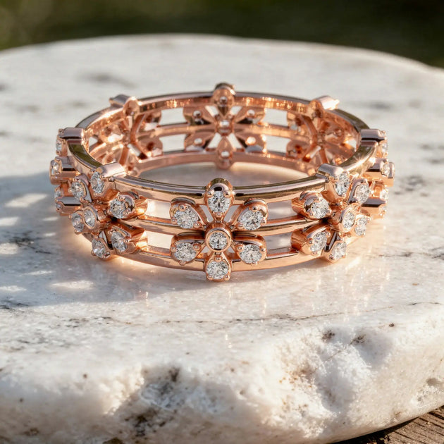 Front-view: Round Diamond Bracelet with Pave Setting in 14k Rose Gold - Lab Grown - Driona Jewels