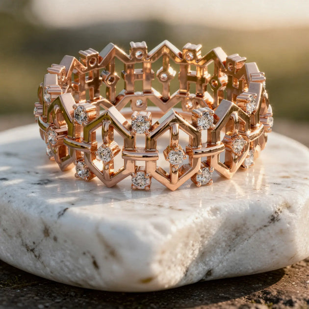 Three-quarter-view: Round Diamond Bracelet with Pave Setting in 14k Rose Gold - Lab Grown - Driona Jewels