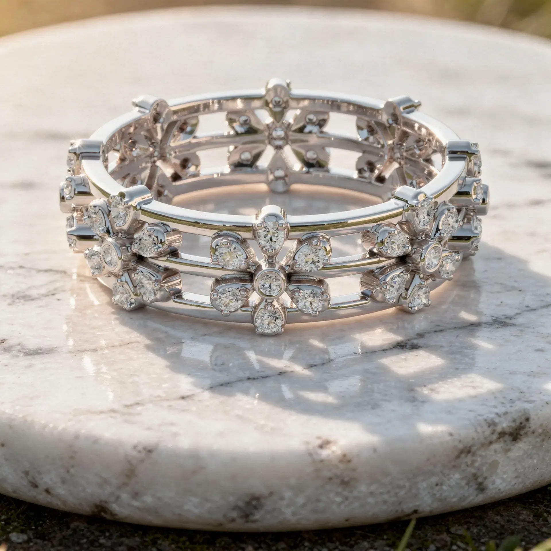 Front-view: Round Diamond Bracelet with Pave Setting in 14k White Gold - Lab Grown - Driona Jewels
