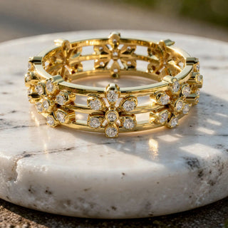 Flat Lay: Round Diamond Bracelet with Pave Setting in 14k Yellow Gold - Lab Grown - Driona Jewels