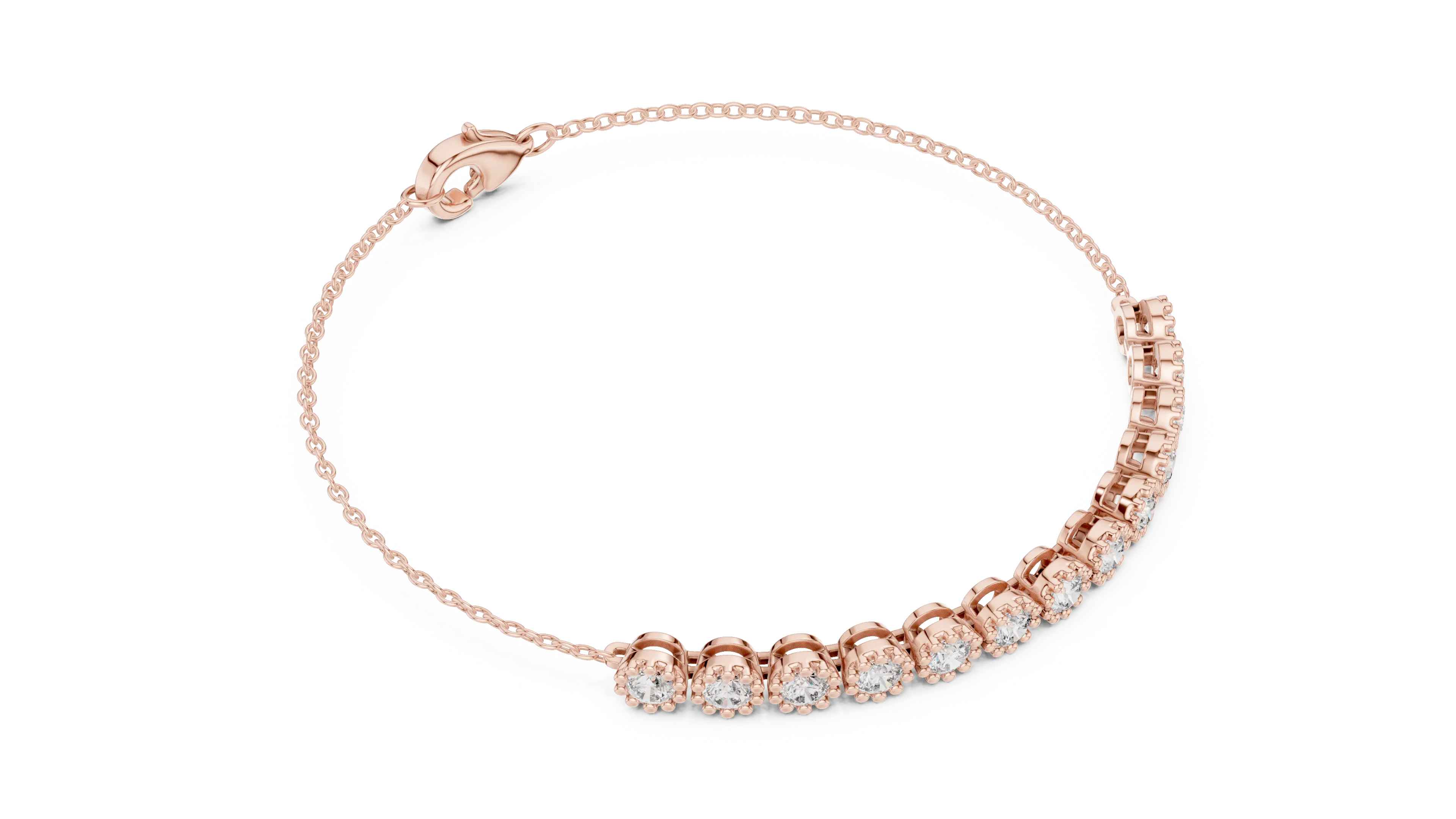 Three-quarter-view: Round Diamond Bracelet with Prong Setting in 14k Rose Gold - Lab Grown - Driona Jewels