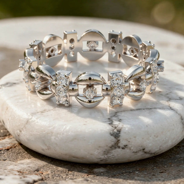Three-quarter-view: Round Diamond Bracelet with Prong Setting in 14k White Gold - Lab Grown - Driona Jewels