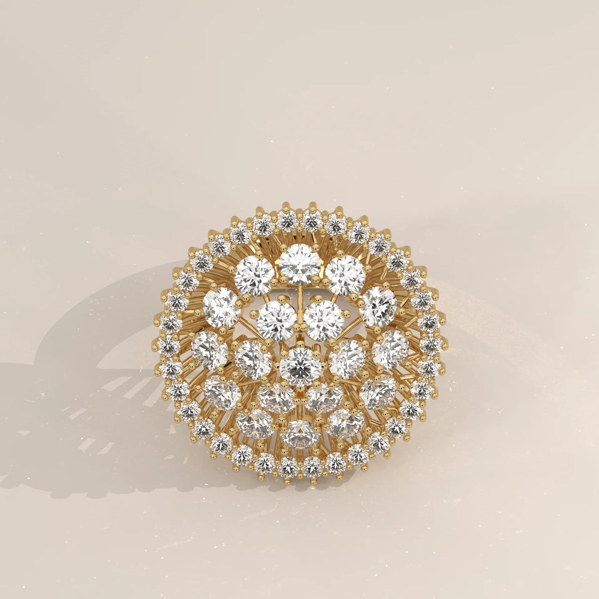 Gold brooch featuring a circular arrangement of clear, sparkling diamonds.