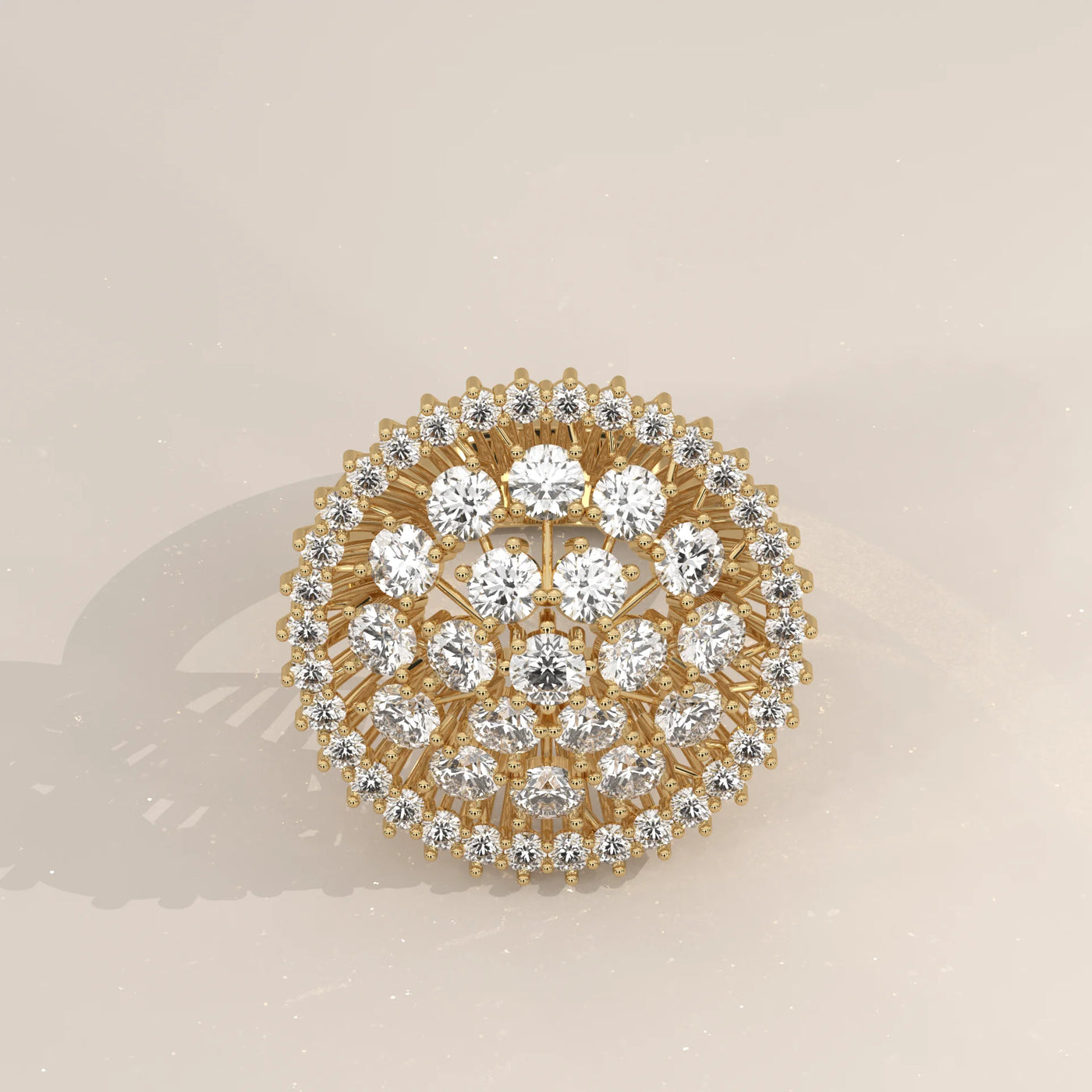 Gold brooch featuring a circular arrangement of clear, sparkling diamonds.