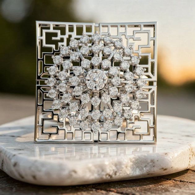 Close-up: Round Diamond Brooch with Pave Setting in 14k White Gold - Lab Grown - Driona Jewels