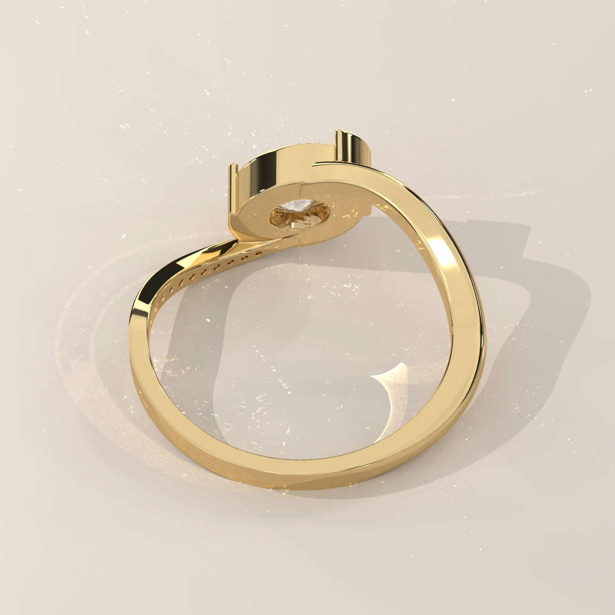 Oval Lab Grown Diamond Bypass Ring with Half Bezel and Pave Shoulder in yellow gold, side profile view.