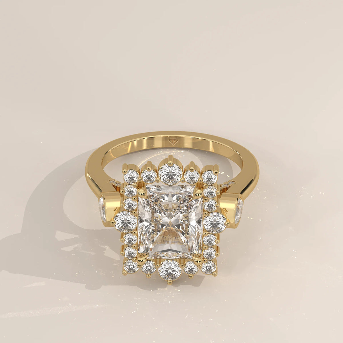 Camila 5 Carat Radiant Lab Grown Diamond Halo Ring, Marquise Sides in yellow gold, shown at an angle.
