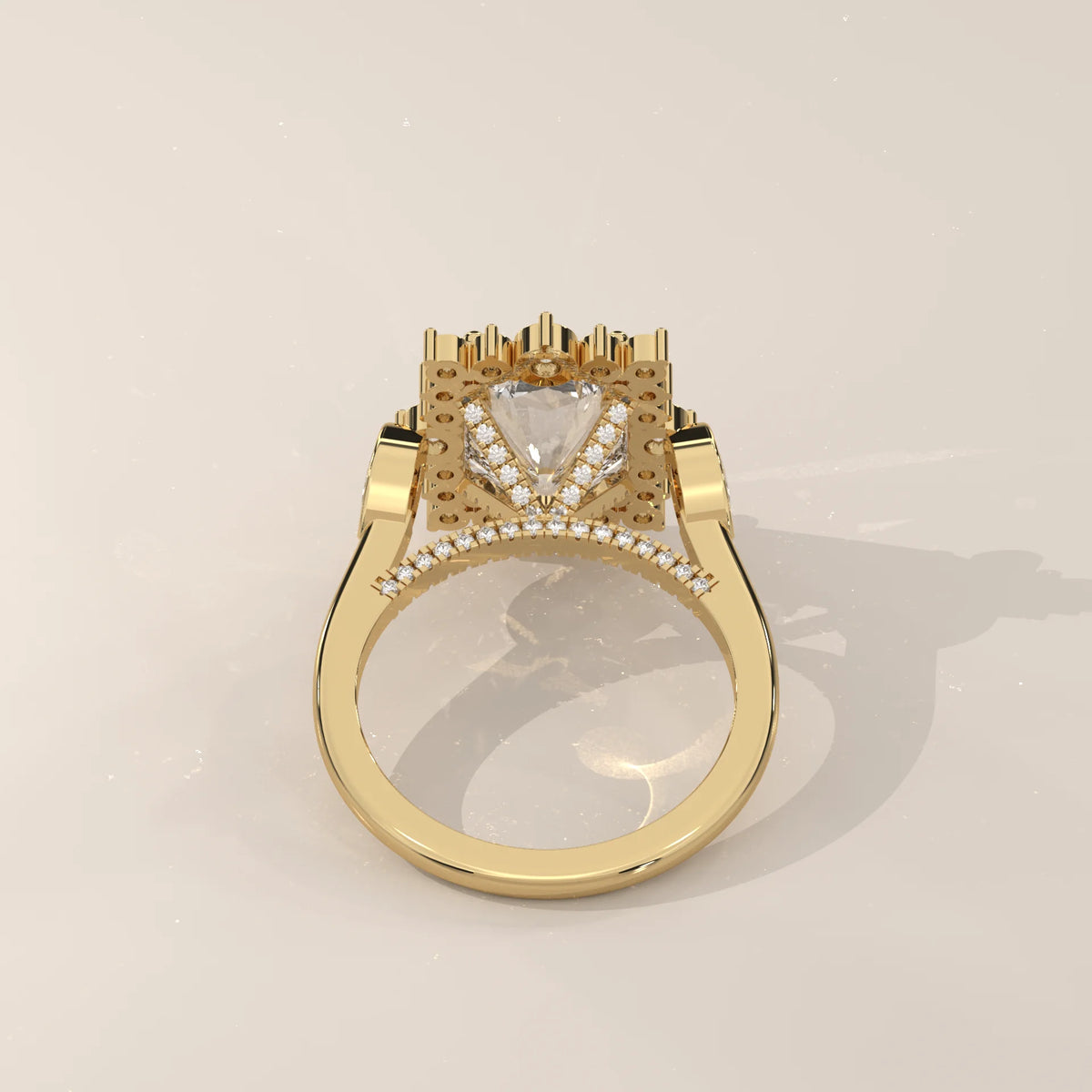 Camila 5 Carat Radiant Lab Grown Diamond Halo Ring, Marquise Sides in yellow gold, shown on a plain background.