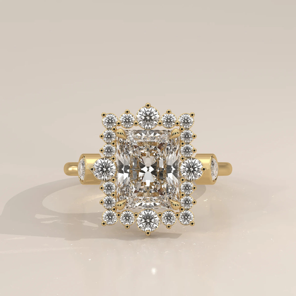 Camila 5 Carat Radiant Lab Grown Diamond Halo Ring, Marquise Sides in yellow gold, shown from the front.