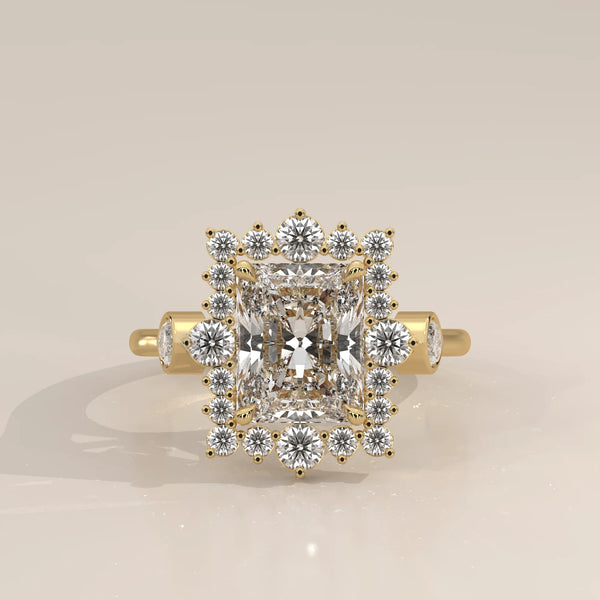 Camila 5 Carat Radiant Lab Grown Diamond Halo Ring, Marquise Sides in yellow gold, shown from the front.
