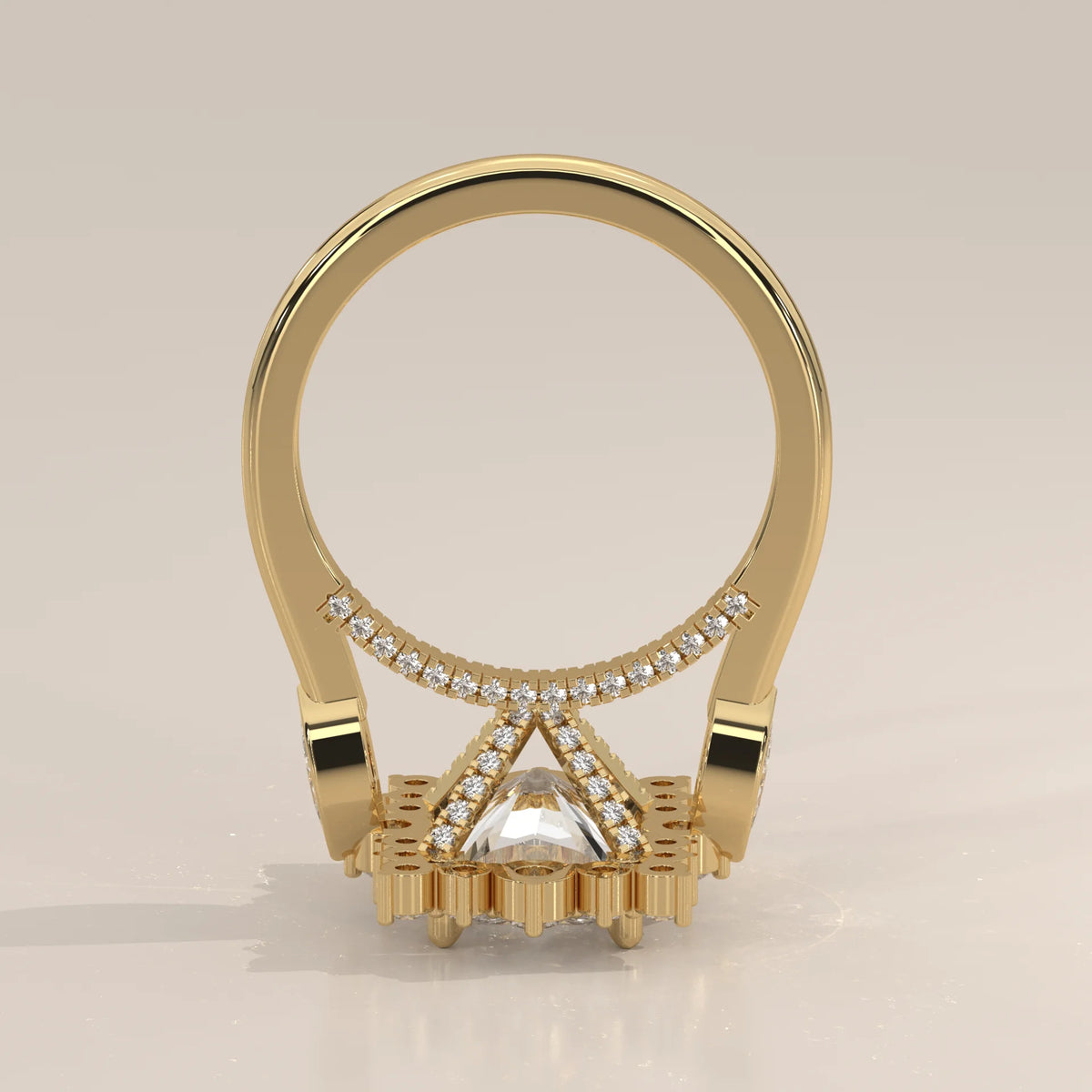 Camila 5 Carat Radiant Lab Grown Diamond Halo Ring, Marquise Sides in yellow gold, side profile view.