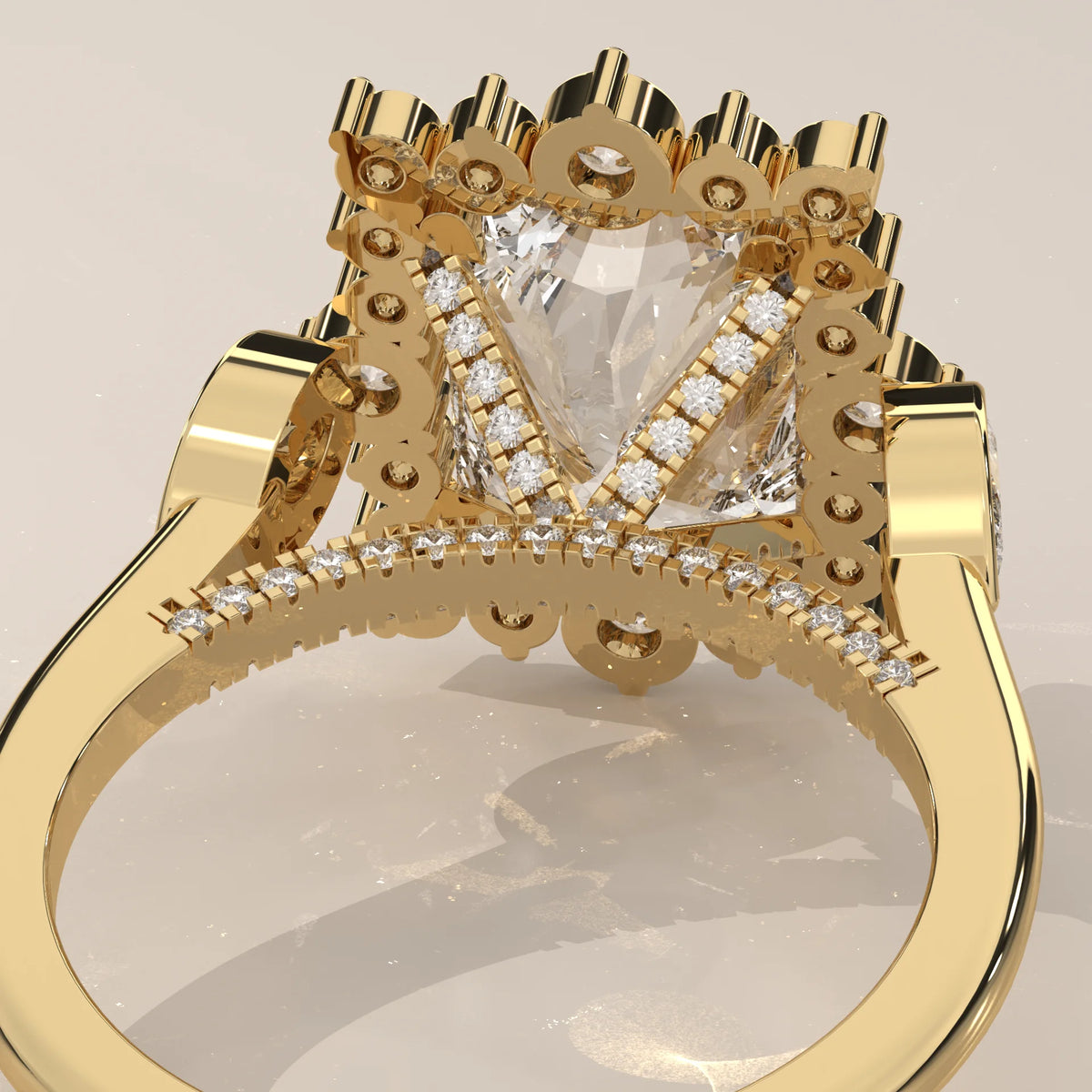 Camila 5 Carat Radiant Lab Grown Diamond Halo Ring, Marquise Sides in yellow gold, product photograph on a plain background.