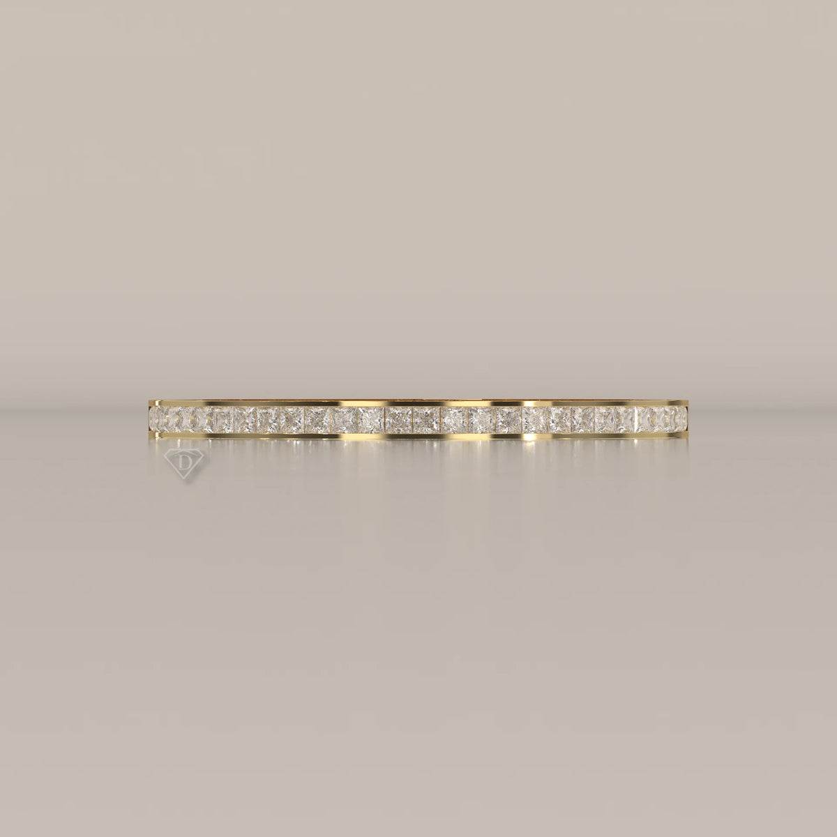 Channel Set Princess Lab Grown Diamond Hinged Bangle Bracelet in yellow gold, photographed head-on.