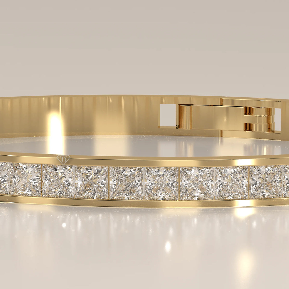 Channel Set Princess Lab Grown Diamond Hinged Bangle Bracelet in yellow gold, product photograph on a plain background.