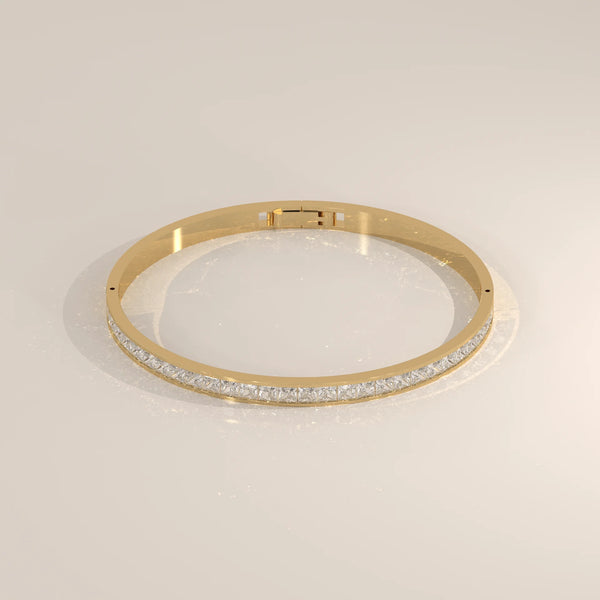 Channel Set Princess Lab Grown Diamond Hinged Bangle Bracelet in yellow gold, shown from the front.