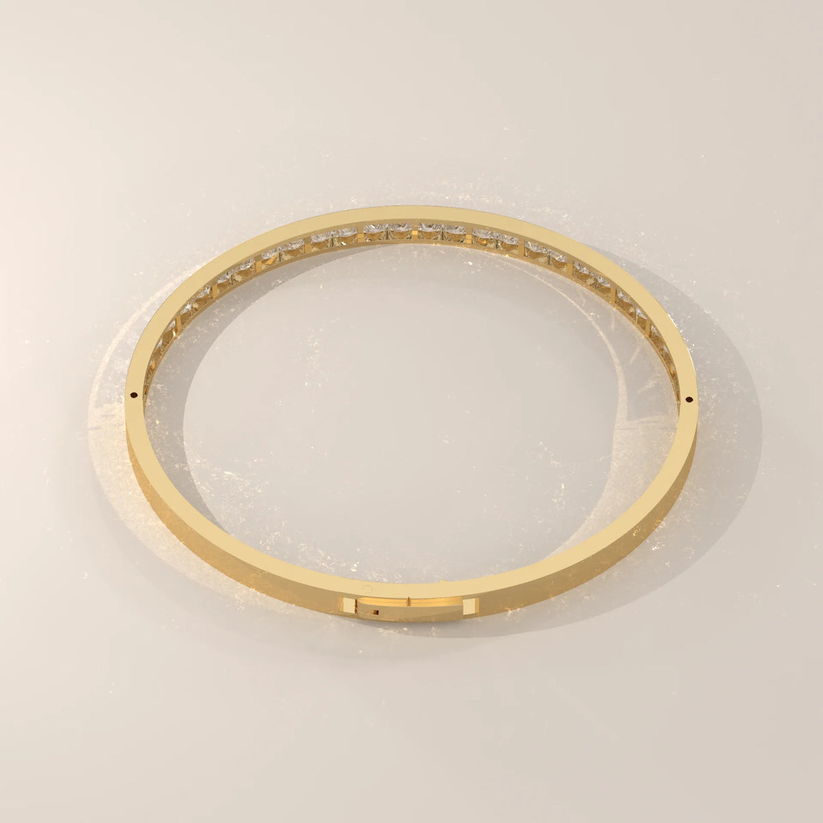 Channel Set Princess Lab Grown Diamond Hinged Bangle Bracelet in yellow gold, shown on a plain background.