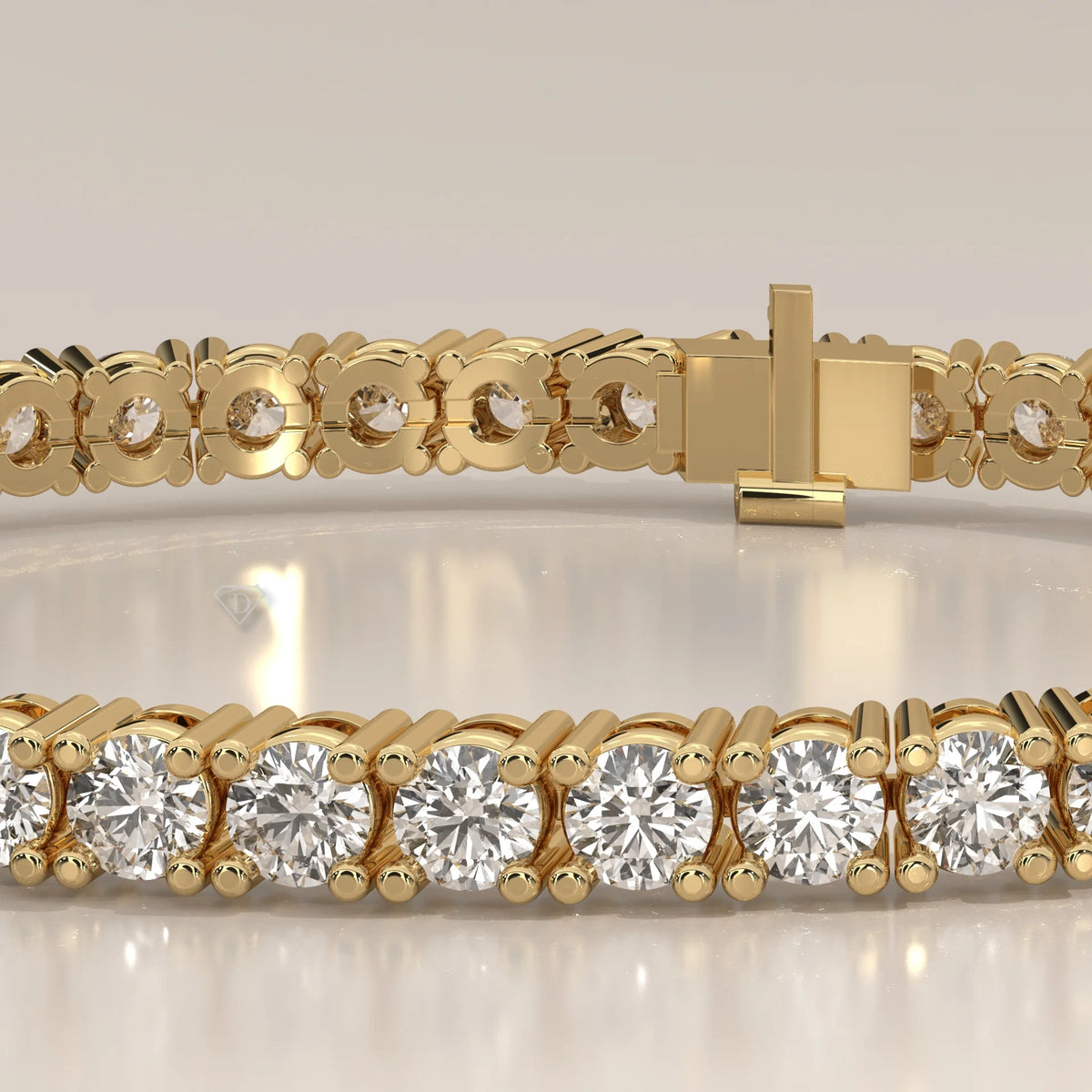 Classic Round Lab Grown Diamond Tennis Bracelet, Four Prong in yellow gold, product photograph on a plain background.