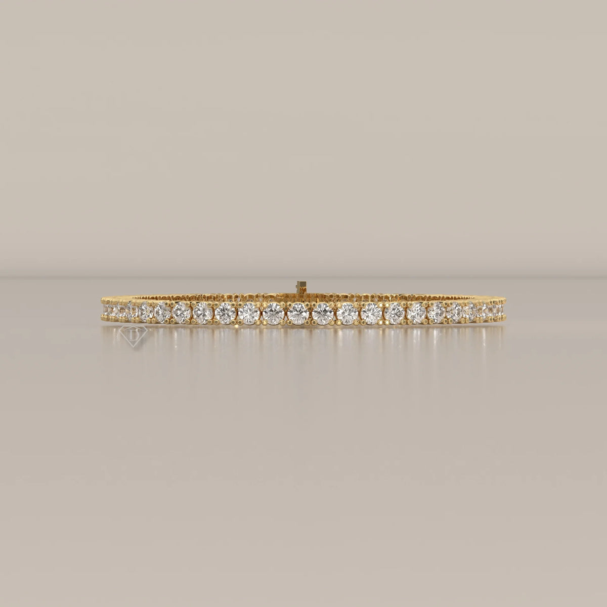 Classic Round Lab Grown Diamond Tennis Bracelet, Four Prong in yellow gold, photographed head-on.