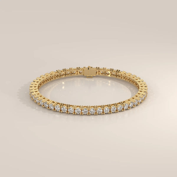 Classic Round Lab Grown Diamond Tennis Bracelet, Four Prong in yellow gold, shown from the front.