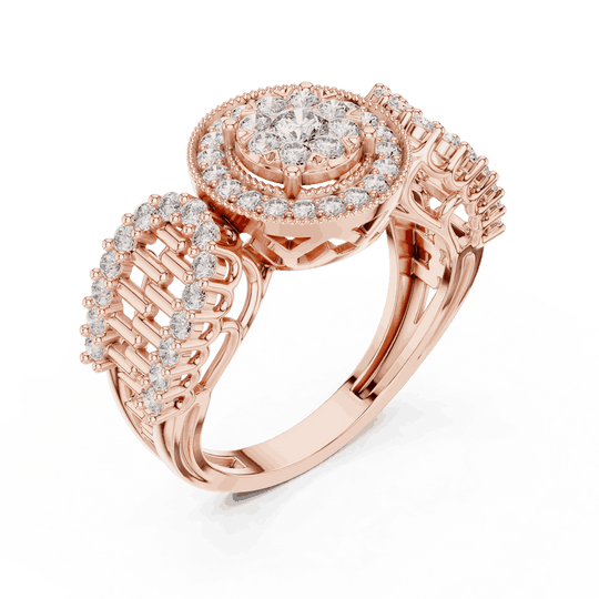 Angle View: Round Brilliant Diamond Double Halo Cocktail Ring with Ornate Lattice Band in 18K Rose Gold – Lab Grown – Driona Jewels