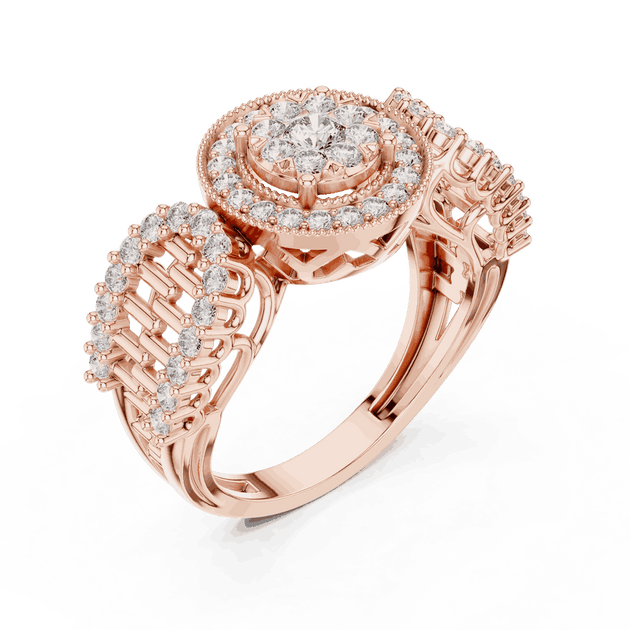 Angle View: Round Brilliant Diamond Double Halo Cocktail Ring with Ornate Lattice Band in 18K Rose Gold – Lab Grown – Driona Jewels