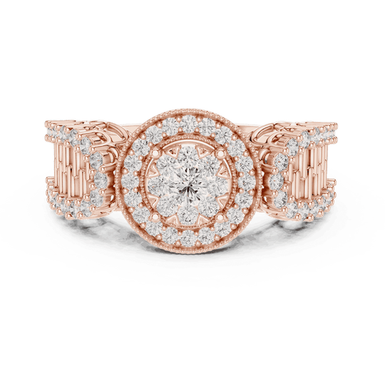 Front View: Round Brilliant Diamond Double Halo Cocktail Ring with Ornate Lattice Band in 18K Rose Gold – Lab Grown – Driona Jewels