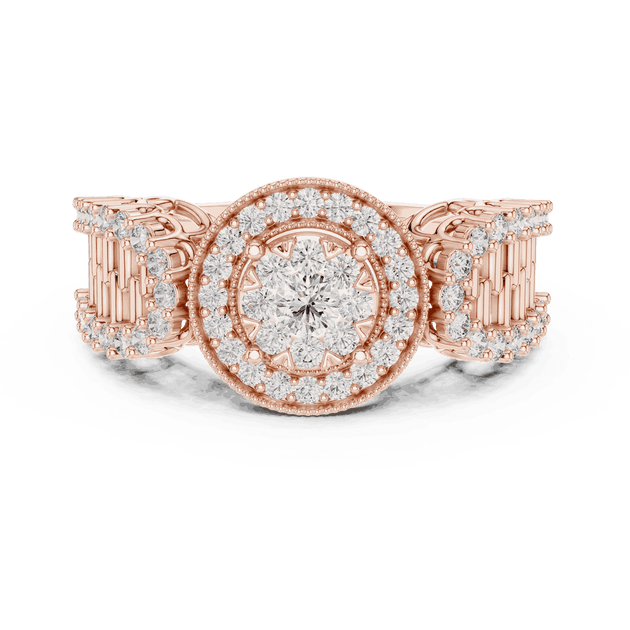 Front View: Round Brilliant Diamond Double Halo Cocktail Ring with Ornate Lattice Band in 18K Rose Gold – Lab Grown – Driona Jewels