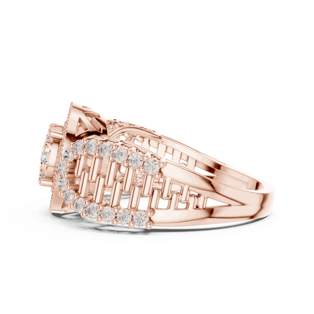 Side Profile: Round Brilliant Diamond Double Halo Cocktail Ring with Ornate Lattice Band in 18K Rose Gold – Lab Grown – Driona Jewels