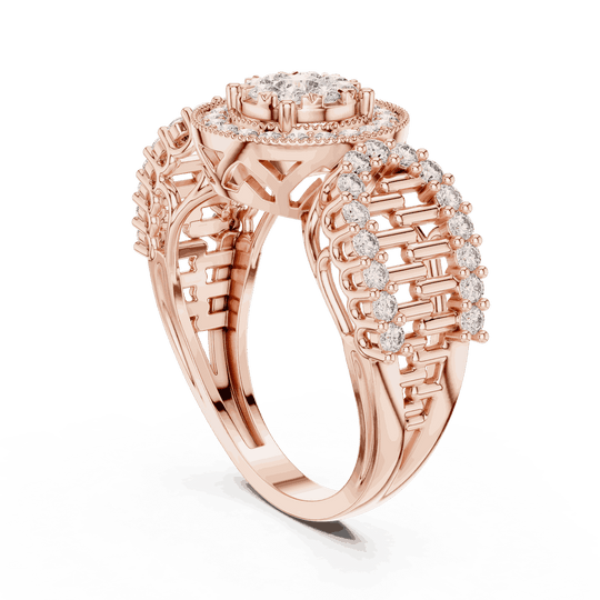 Three-Quarter View: Round Brilliant Diamond Double Halo Cocktail Ring with Ornate Lattice Band in 18K Rose Gold – Lab Grown – Driona Jewels