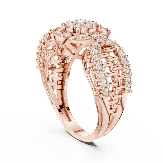 Three-Quarter View: Round Brilliant Diamond Double Halo Cocktail Ring with Ornate Lattice Band in 18K Rose Gold – Lab Grown – Driona Jewels