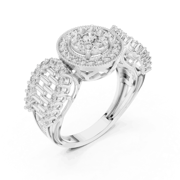 Angle View: Round Brilliant Diamond Double Halo Cocktail Ring with Ornate Lattice Band in 18K White Gold – Lab Grown – Driona Jewels
