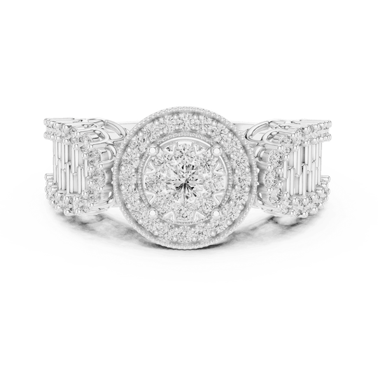 Front View: Round Brilliant Diamond Double Halo Cocktail Ring with Ornate Lattice Band in 18K White Gold – Lab Grown – Driona Jewels
