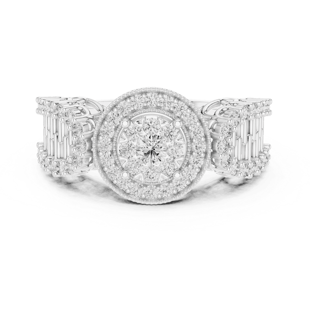 Front View: Round Brilliant Diamond Double Halo Cocktail Ring with Ornate Lattice Band in 18K White Gold – Lab Grown – Driona Jewels