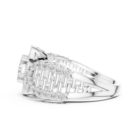 Side Profile: Round Brilliant Diamond Double Halo Cocktail Ring with Ornate Lattice Band in 18K White Gold – Lab Grown – Driona Jewels
