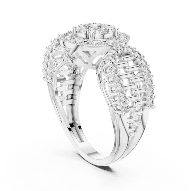 Three-Quarter View: Round Brilliant Diamond Double Halo Cocktail Ring with Ornate Lattice Band in 18K White Gold – Lab Grown – Driona Jewels