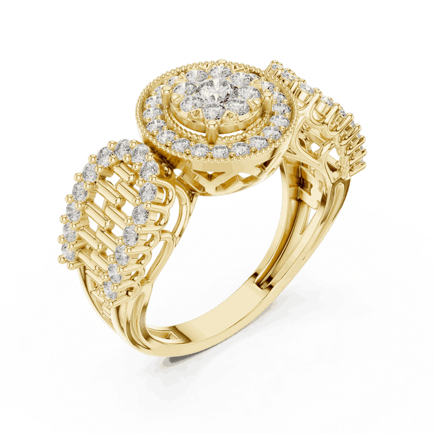 Angle View: Round Brilliant Diamond Double Halo Cocktail Ring with Ornate Lattice Band in 18K Yellow Gold – Lab Grown – Driona Jewels