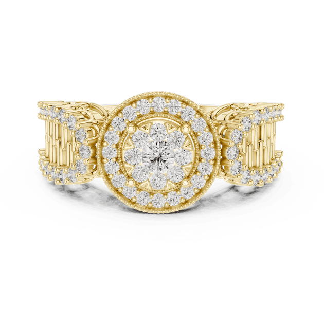 Front View: Round Brilliant Diamond Double Halo Cocktail Ring with Ornate Lattice Band in 18K Yellow Gold – Lab Grown – Driona Jewels