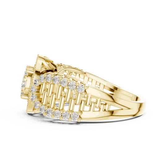 Side Profile: Round Brilliant Diamond Double Halo Cocktail Ring with Ornate Lattice Band in 18K Yellow Gold – Lab Grown – Driona Jewels
