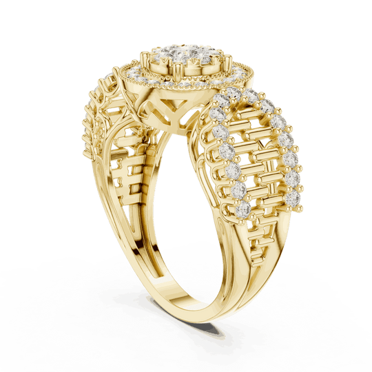 Three-Quarter View: Round Brilliant Diamond Double Halo Cocktail Ring with Ornate Lattice Band in 18K Yellow Gold – Lab Grown – Driona Jewels