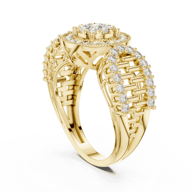 Three-Quarter View: Round Brilliant Diamond Double Halo Cocktail Ring with Ornate Lattice Band in 18K Yellow Gold – Lab Grown – Driona Jewels