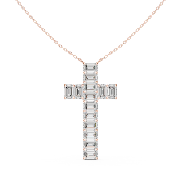 Front: Emerald Cut Diamond Cross with Pave Setting in 14k Gold - Lab Grown - Driona Jewels