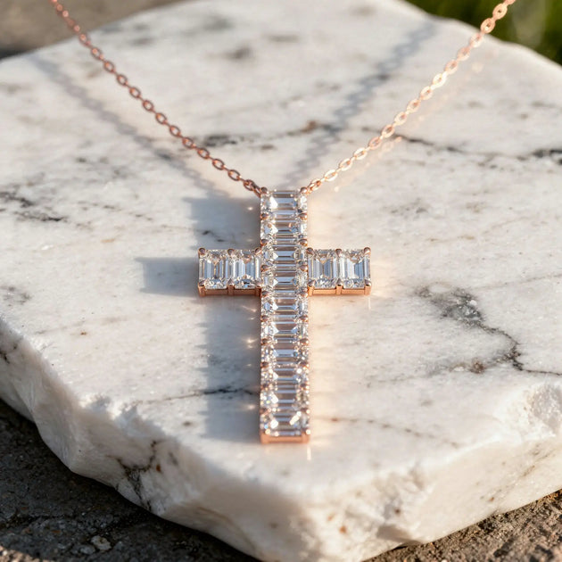 Front-view: Emerald Cut Diamond Cross with Pave Setting in 14k Rose Gold - Lab Grown - Driona Jewels