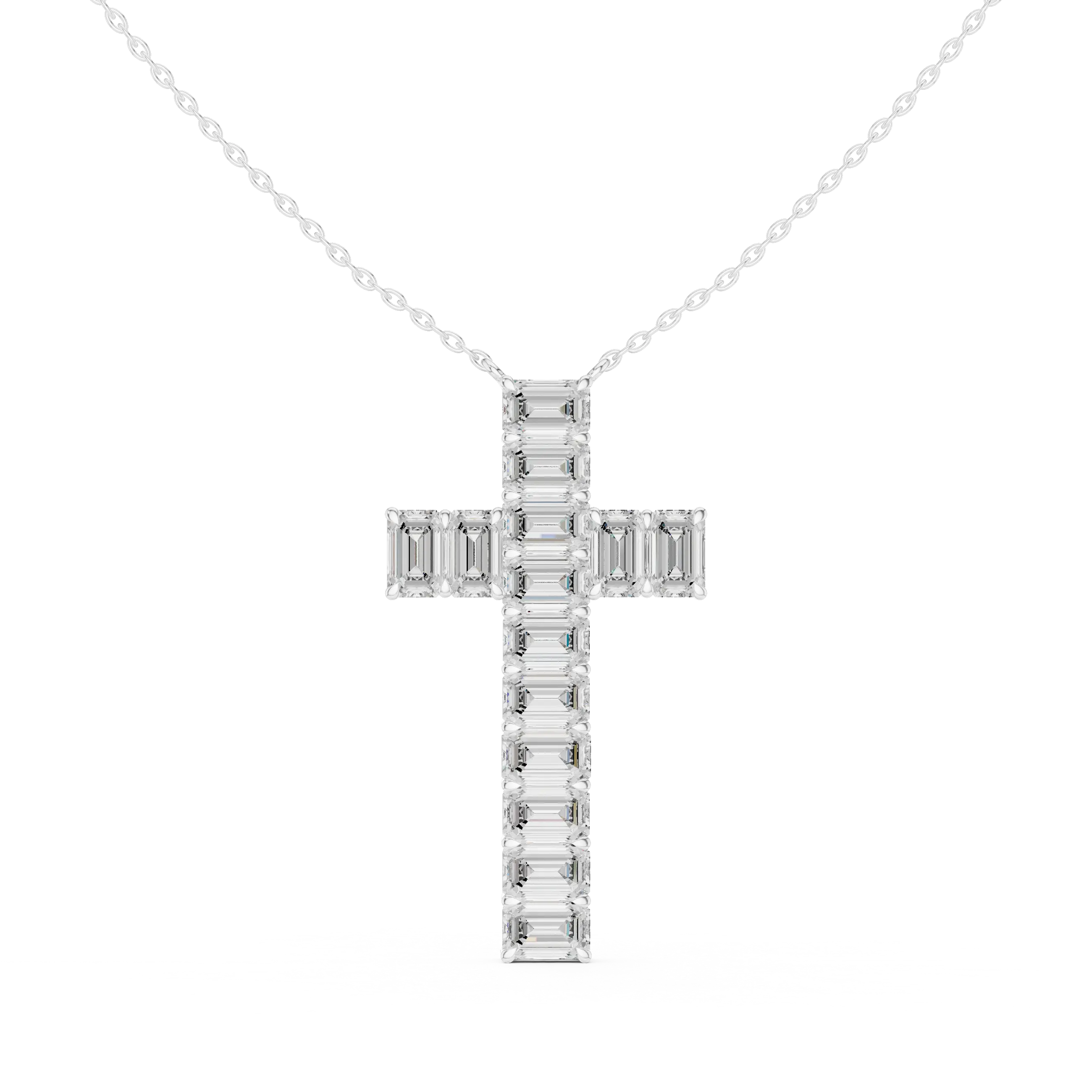 Front-View: Emerald Cut Diamond Cross with Pave Setting in 14k White Gold - Lab Grown - Driona Jewels