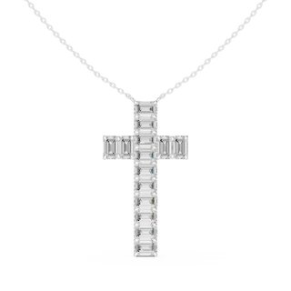 Front-View: Emerald Cut Diamond Cross with Pave Setting in 14k White Gold - Lab Grown - Driona Jewels