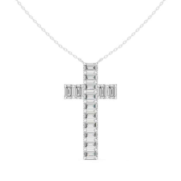 Front-View: Emerald Cut Diamond Cross with Pave Setting in 14k White Gold - Lab Grown - Driona Jewels