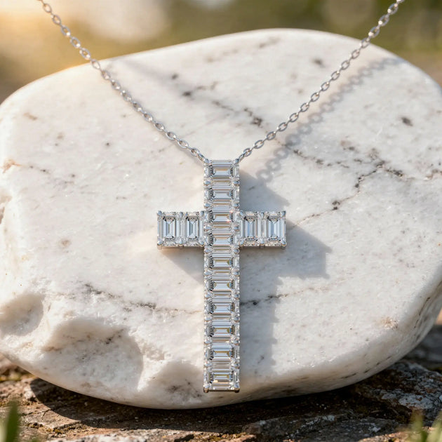 Front-view: Emerald Cut Diamond Cross with Pave Setting in 14k White Gold - Lab Grown - Driona Jewels