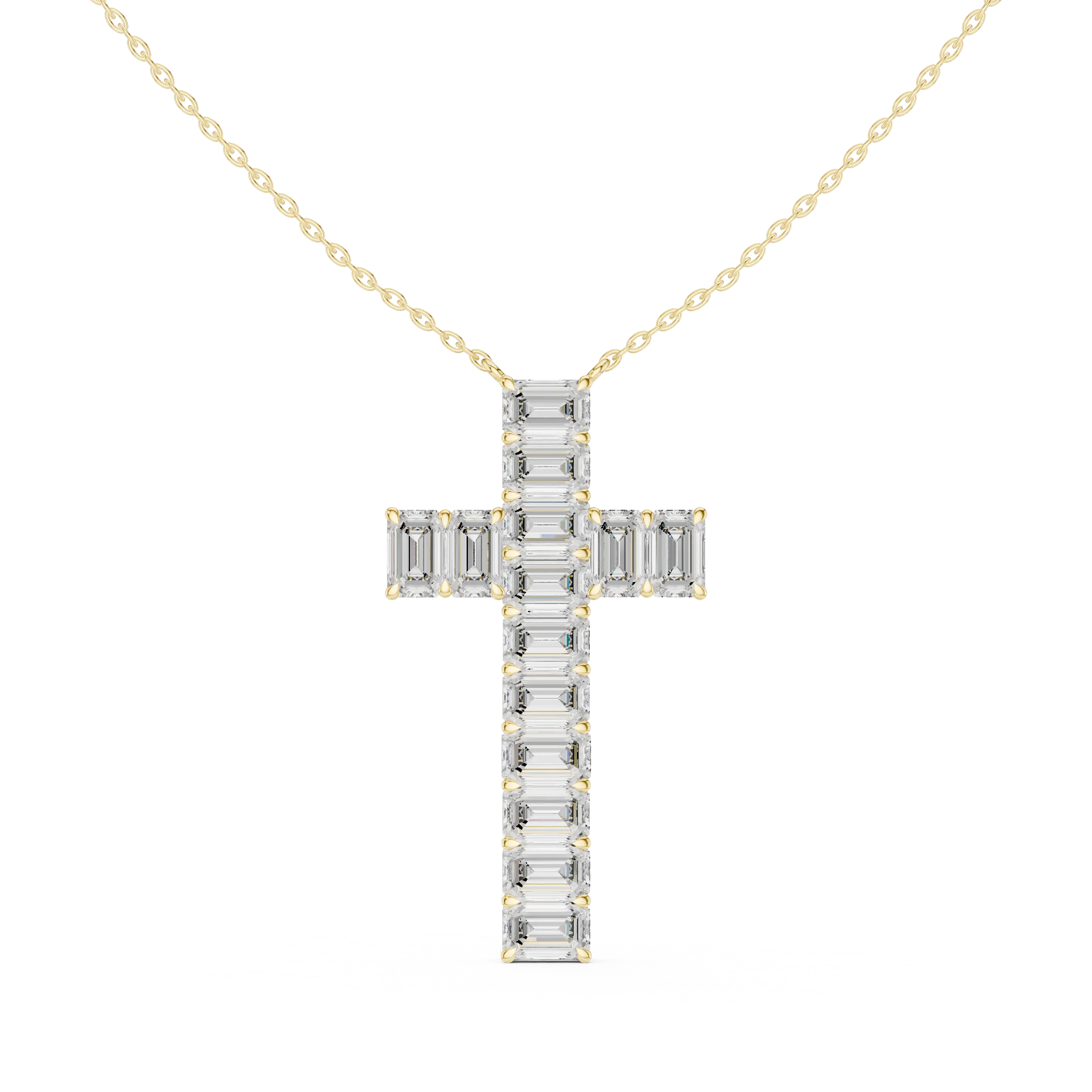 Front-View: Emerald Cut Diamond Cross with Pave Setting in 14k Yellow Gold - Lab Grown - Driona Jewels