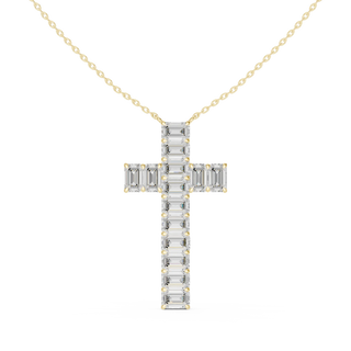 Front-View: Emerald Cut Diamond Cross with Pave Setting in 14k Yellow Gold - Lab Grown - Driona Jewels