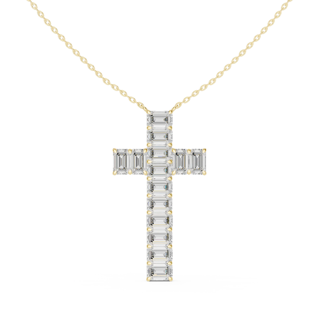 Front-View: Emerald Cut Diamond Cross with Pave Setting in 14k Yellow Gold - Lab Grown - Driona Jewels